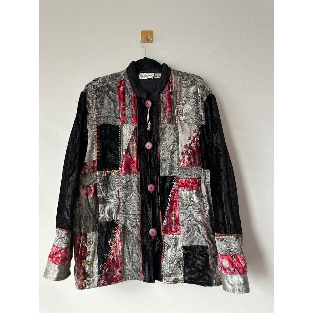 Vintage 90s Patchwork Velvet Jacket Boho Embroidered Lagenlook statement Coat XL